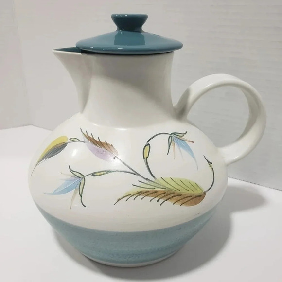 VTG Denby Stoneware Pitcher with  Lid Spring Leaf Design Teal/White. - Picture 1 of 9